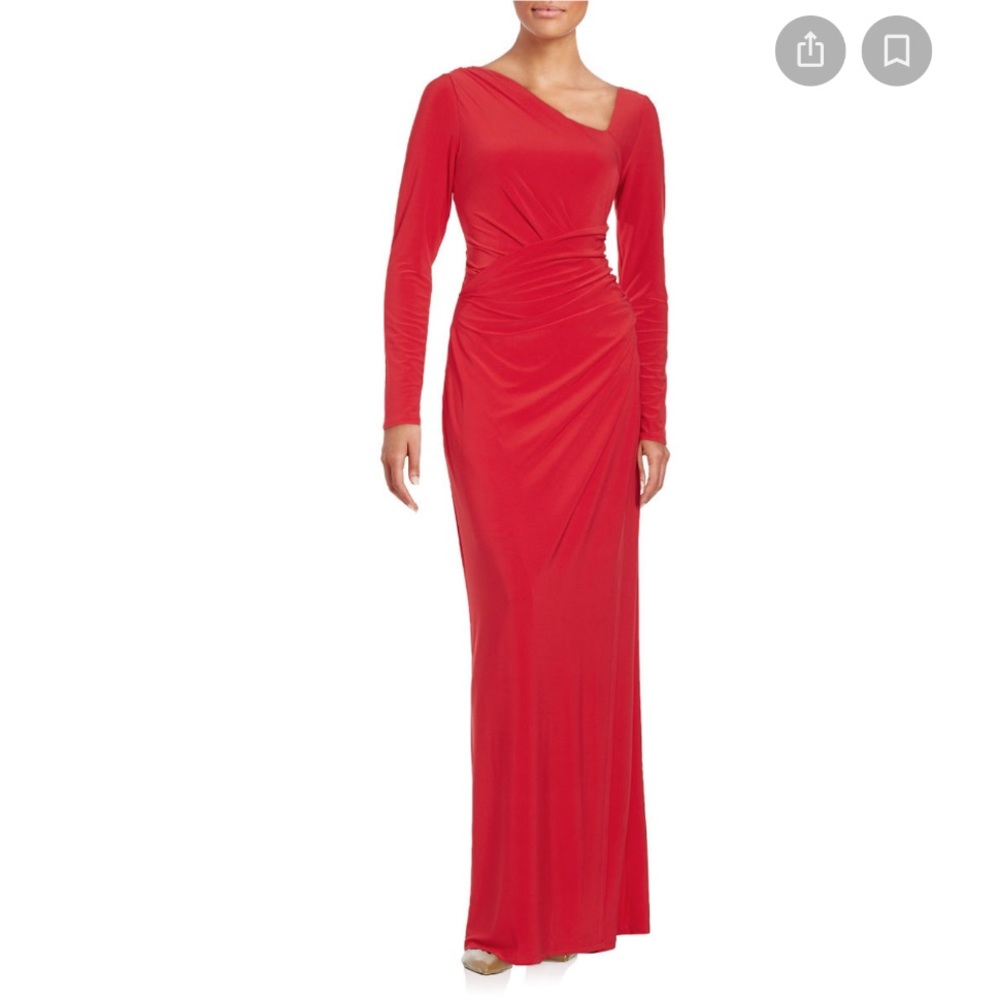 VERA WANG: POPPY RED Mod Neckline Longsleeve Gown